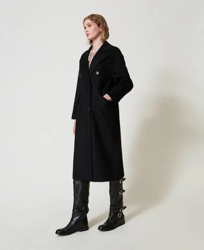 Twinset Wool Blend Loose Fit Coat Black Women Jackets And Outerwear Twinset Wool Blend Loose Fit Coat Black Women Jackets And Outerwear