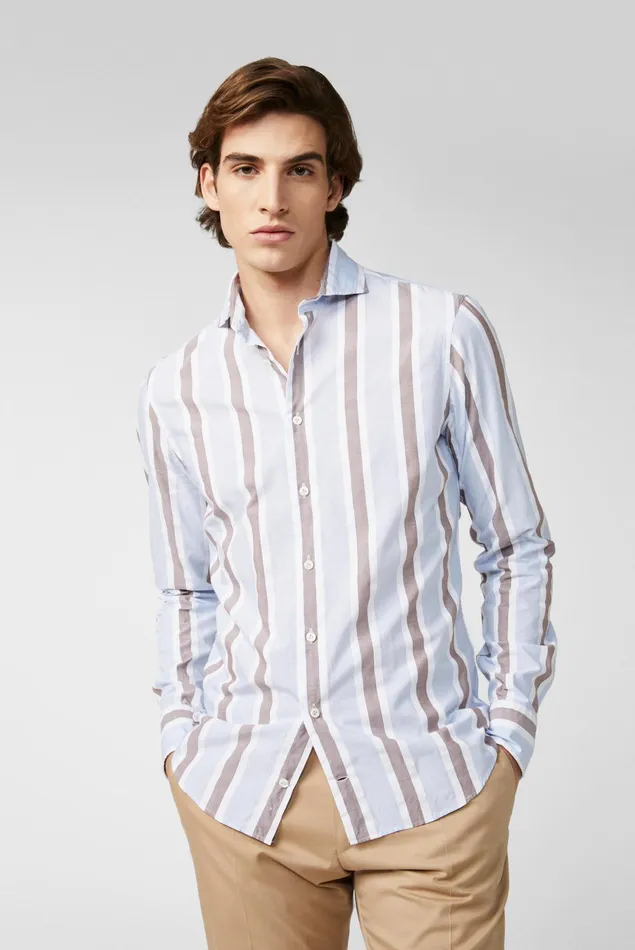 Van Laack Casual Shirts Men Light Cotton Poplin Shirt Blue Striped