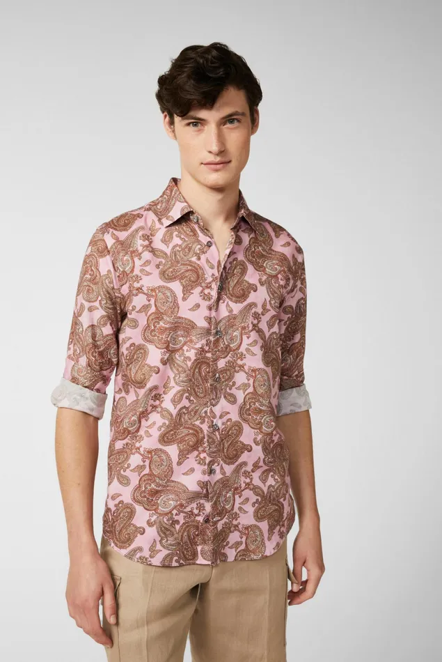 Van Laack Casual Shirts Men Textured Cotton Shirt With Vintage Paysley Print And Piping Details Pink