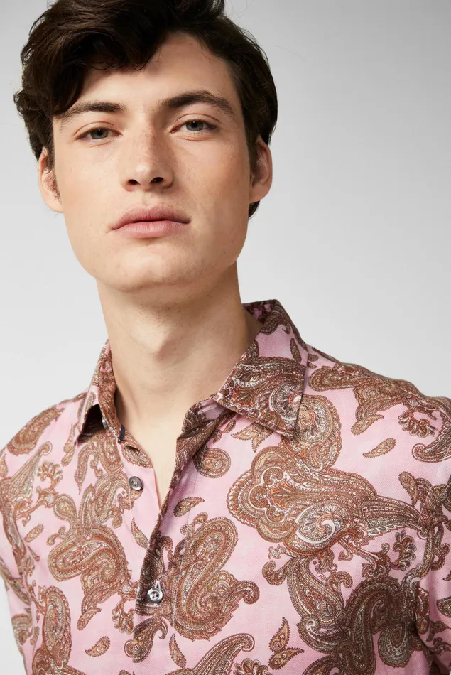 Van Laack Casual Shirts Men Textured Cotton Shirt With Vintage Paysley Print And Piping Details Pink Van Laack Casual Shirts Men Textured Cotton Shirt With Vintage Paysley Print And Piping Details Pink