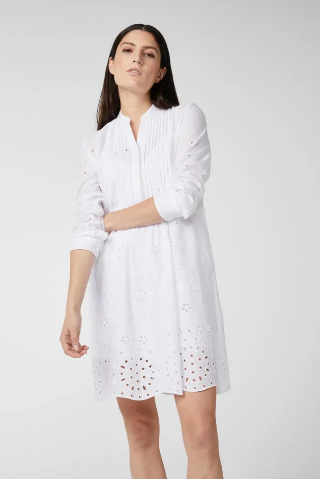 Van Laack Dresses and Skirts Women Kneelength Cotton Slipon Dress With A Standup Collar And Lace Trims White