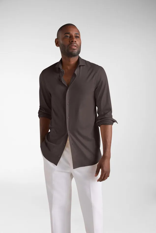 Van Laack Jersey Shirts Men Swiss Cotton Jersey Shirt With Spread Collar Brown