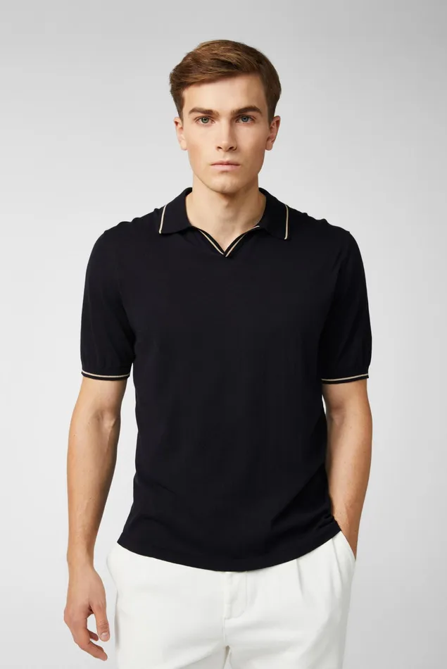 Van Laack Poloshirts Men Knitted VNeck Polo Shirt Made Of Air Cotton Blue
