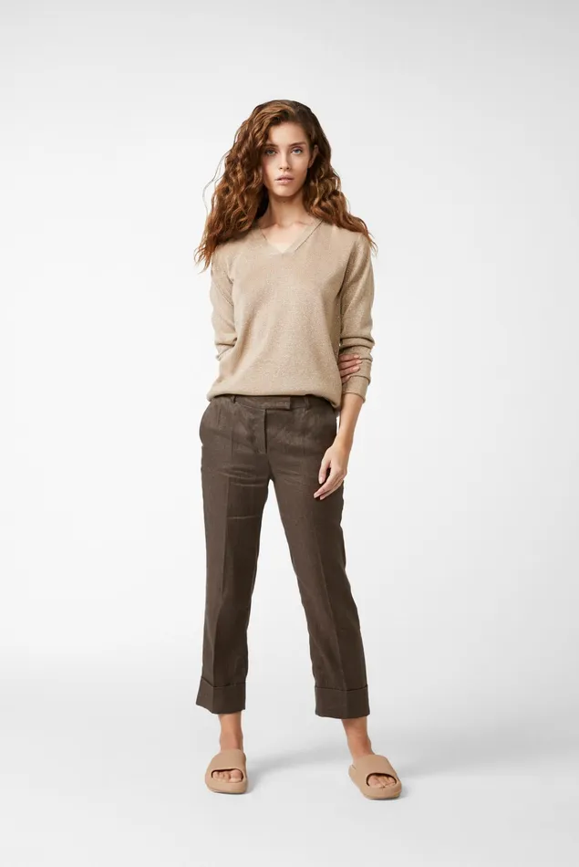 Van Laack Sweaters and Cardigans Women Vneck Sweater In Mercerized Cottonlinenlurex Blend Beige034034 Van Laack Sweaters and Cardigans Women Vneck Sweater In Mercerized Cottonlinenlurex Blend Beige034034