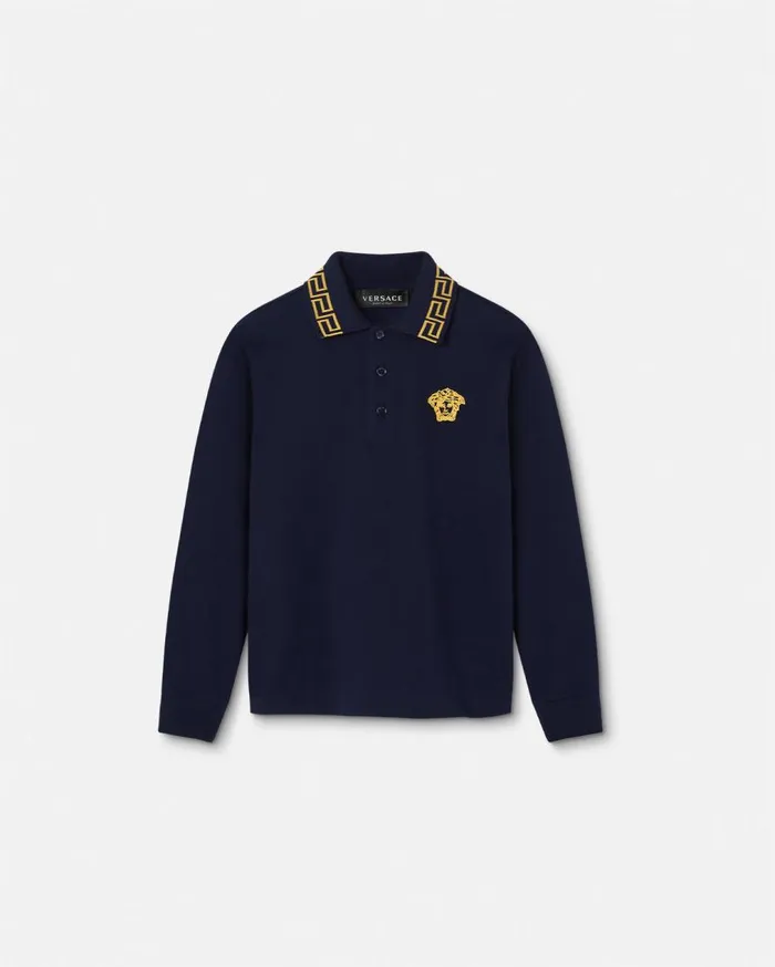 Versace Clothing Embroidered Greca Kids Polo Shirt Bluegold 8211 Children