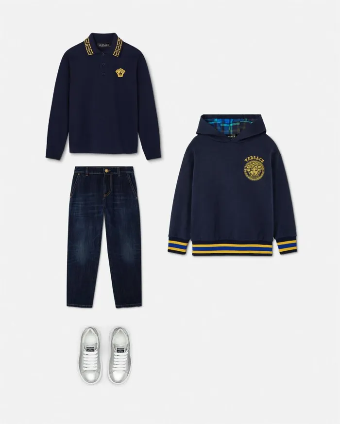 Versace Clothing Embroidered Greca Kids Polo Shirt Bluegold 8211 Children