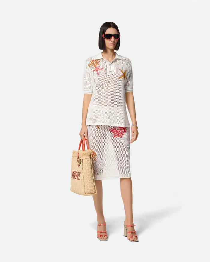 Versace Knitwear Embroidered Crochet Knit Midi Skirt White 8211 Women