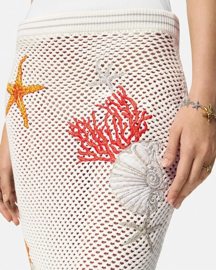 Versace Knitwear Embroidered Crochet Knit Midi Skirt White 8211 Women