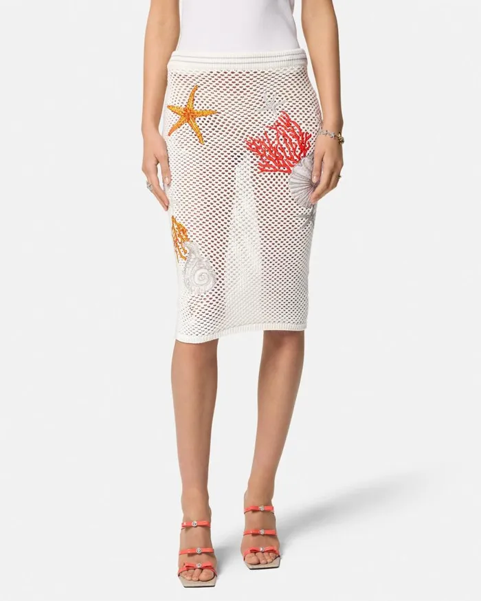 Versace Knitwear Embroidered Crochet Knit Midi Skirt White 8211 Women