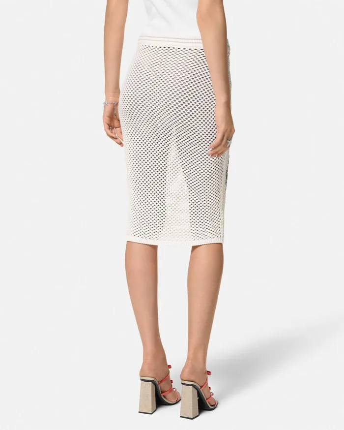 Versace Knitwear Embroidered Crochet Knit Midi Skirt White 8211 Women