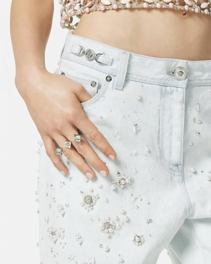 Versace Pants and Shorts Embellished Boyfriend Jeans Light Blue 8211 Women