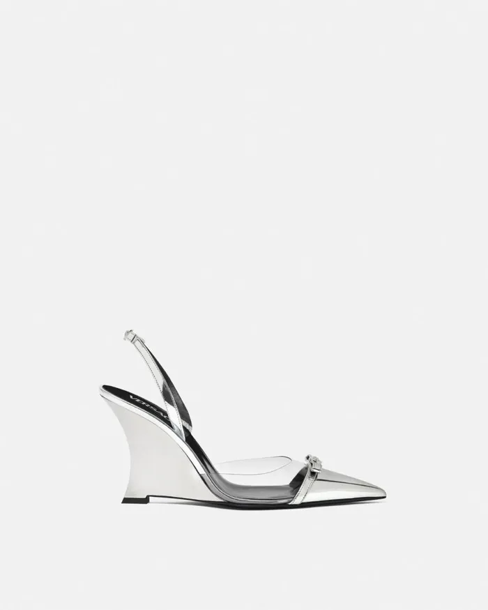 Versace Pumps and Slingbacks Gianni Ribbon Metallic Wedge Pumps 3703495 Mm Silver 8211 Women