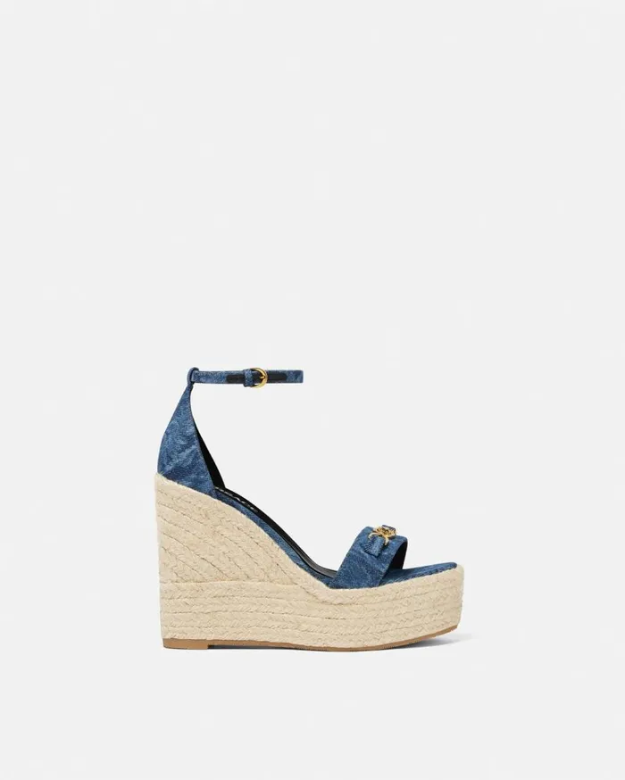 Versace Sandals Barocco Denim Wedge Sandals 120 Mm Blue 8211 Women