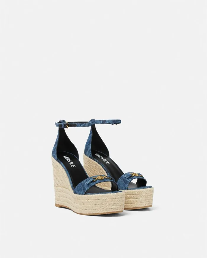 Versace Sandals Barocco Denim Wedge Sandals 120 Mm Blue 8211 Women Versace Sandals Barocco Denim Wedge Sandals 120 Mm Blue 8211 Women