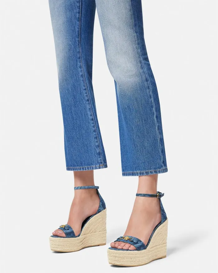 Versace Sandals Barocco Denim Wedge Sandals 120 Mm Blue 8211 Women Versace Sandals Barocco Denim Wedge Sandals 120 Mm Blue 8211 Women