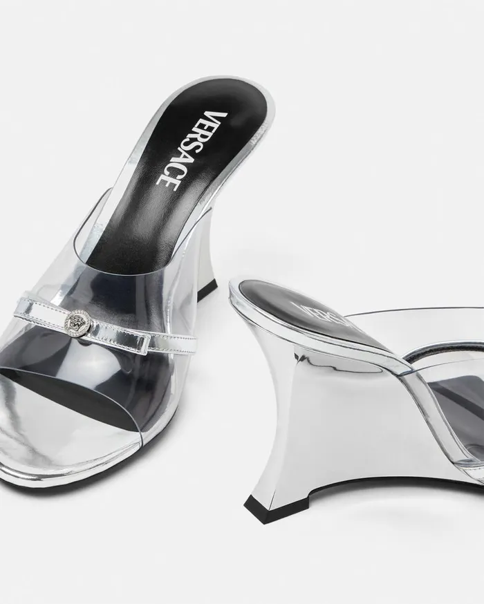 Versace Sandals Gianni Ribbon Wedge Mules 95 Mm Silver 8211 Women Versace Sandals Gianni Ribbon Wedge Mules 95 Mm Silver 8211 Women