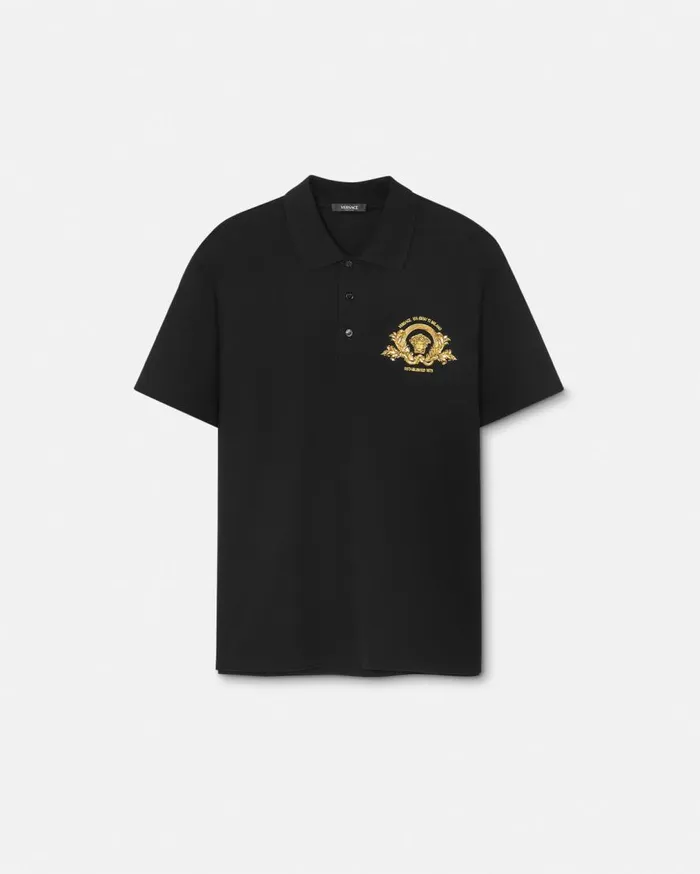Versace TShirts and Polos Embroidered Coupe Blason Polo Shirt Black 8211 Men