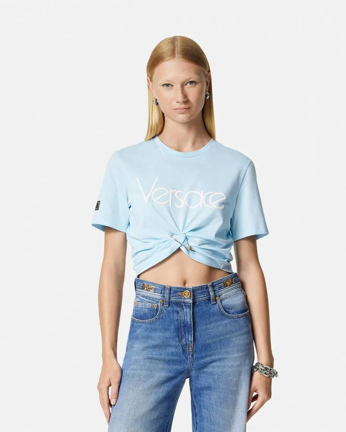 Versace TShirts and Sweatshirts 1978 ReEdition Logo Crop TShirt Light Blue 8211 Women