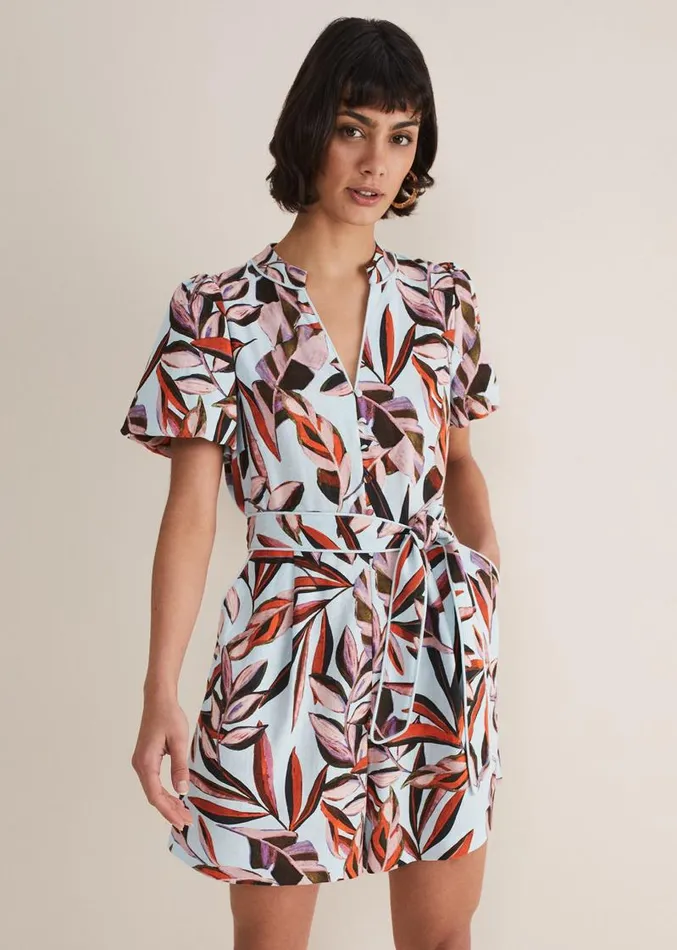 Vivian Linen Leaf Print Playsuit Aquamulti Women Phase Eight Dresses