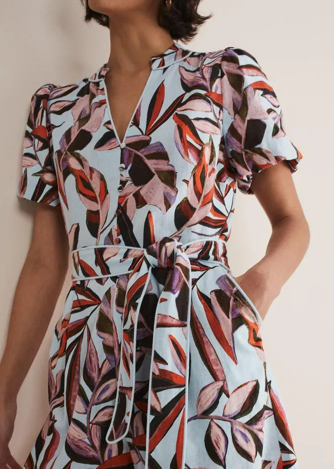 Vivian Linen Leaf Print Playsuit Aquamulti Women Phase Eight Dresses