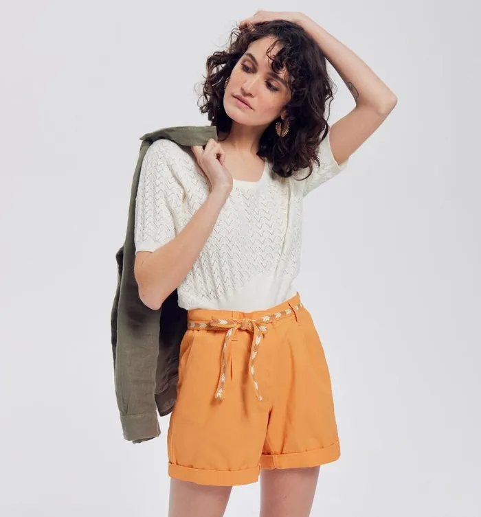 Women Belted Canvas Shorts 8211 Orange Promod Shorts