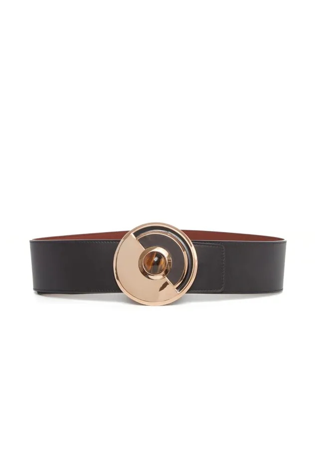 Women Belts Gabriela Hearst Moya Reversible Large Belt In Black Leather and Tigers Eye
