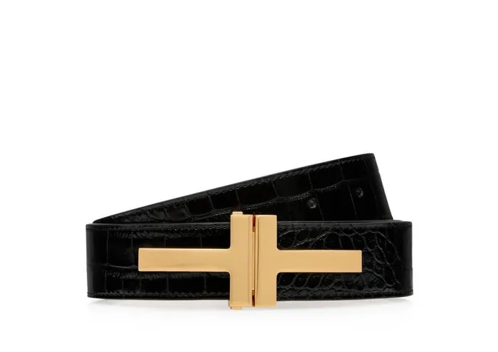 Women Belts Tom Ford Shiny Stamped Crocodile Leather Double T Belt Black