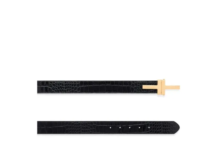 Women Belts Tom Ford Shiny Stamped Crocodile Leather Double T Belt Black Women Belts Tom Ford Shiny Stamped Crocodile Leather Double T Belt Black