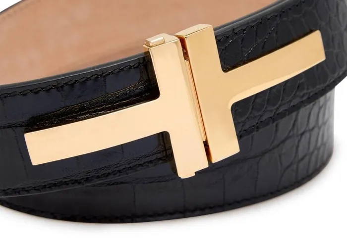 Women Belts Tom Ford Shiny Stamped Crocodile Leather Double T Belt Black Women Belts Tom Ford Shiny Stamped Crocodile Leather Double T Belt Black