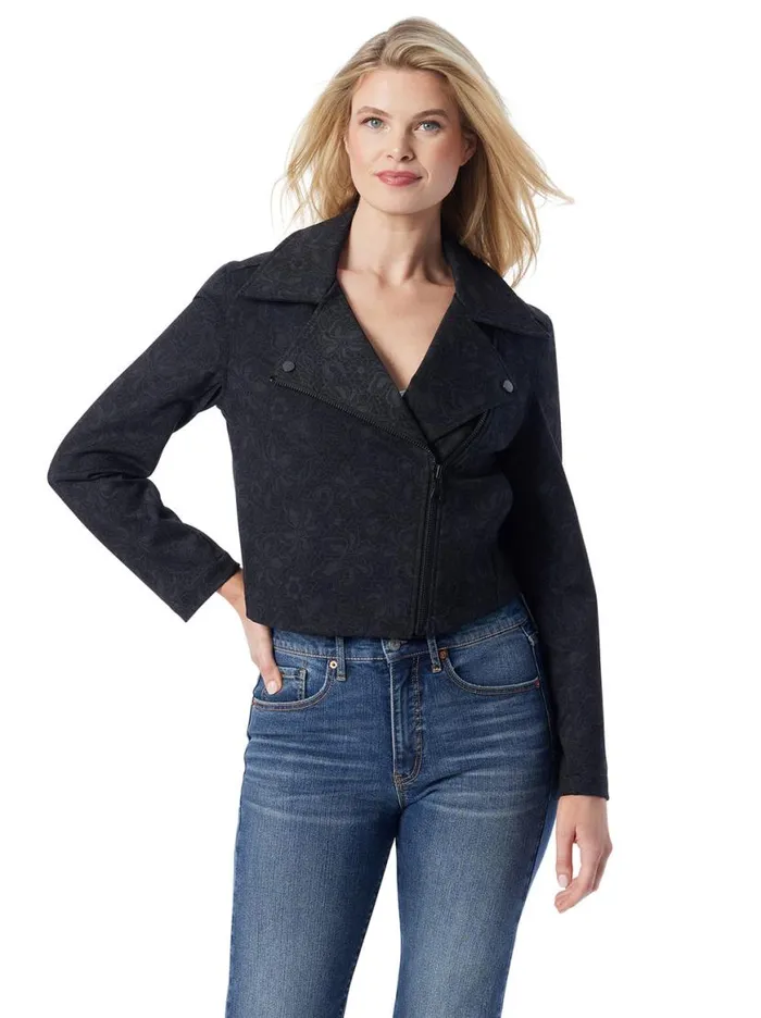 Women Biker Jacket In Black Laced Floral Jessica Simpson Jackets Blazers and Kimonos
