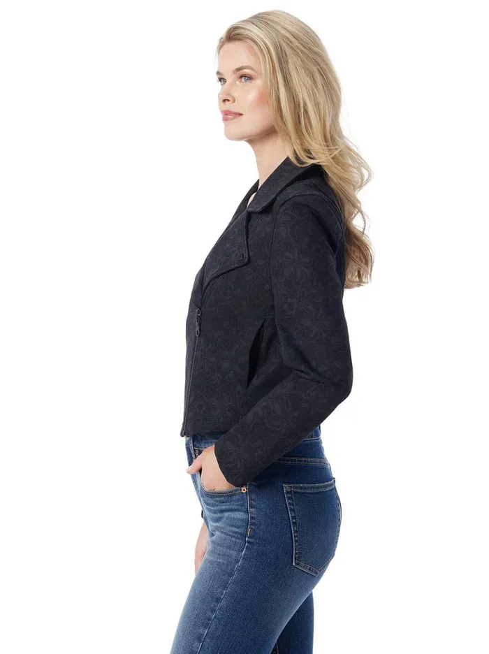 Women Biker Jacket In Black Laced Floral Jessica Simpson Jackets Blazers and Kimonos
