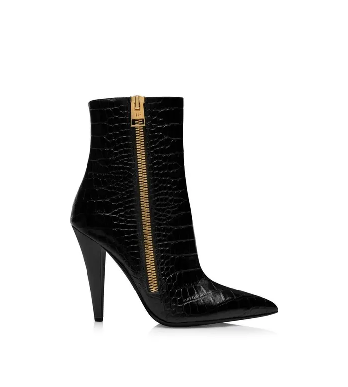 Women Boots Tom Ford Shiny Stamped Crocodile Leather Zip Ankle Boot Black