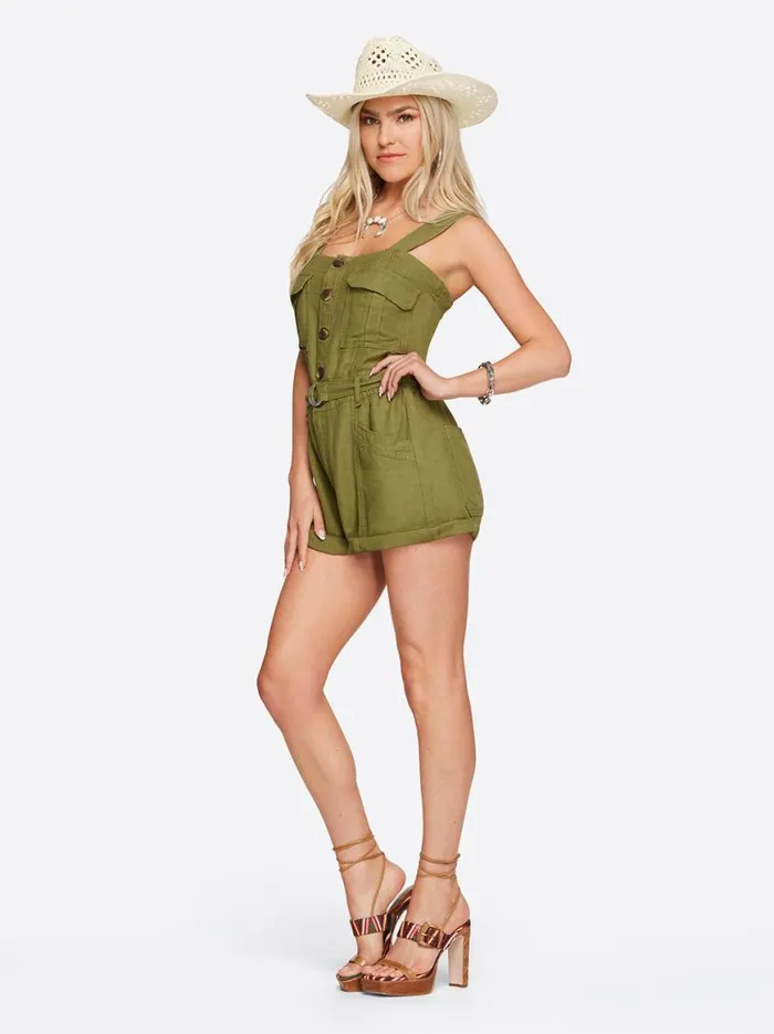 Women Cargo Belted Romper In Pesto Jessica Simpson Jumpsuits and Rompers