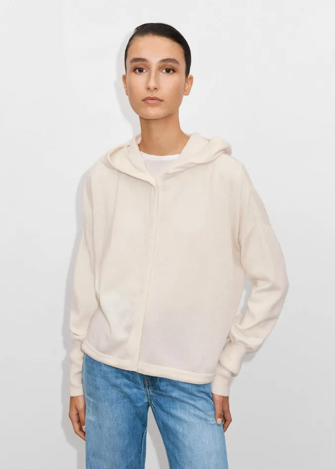 Women Cashmere Drop Shoulder Box Crop Hoody Natural Cream MEEM