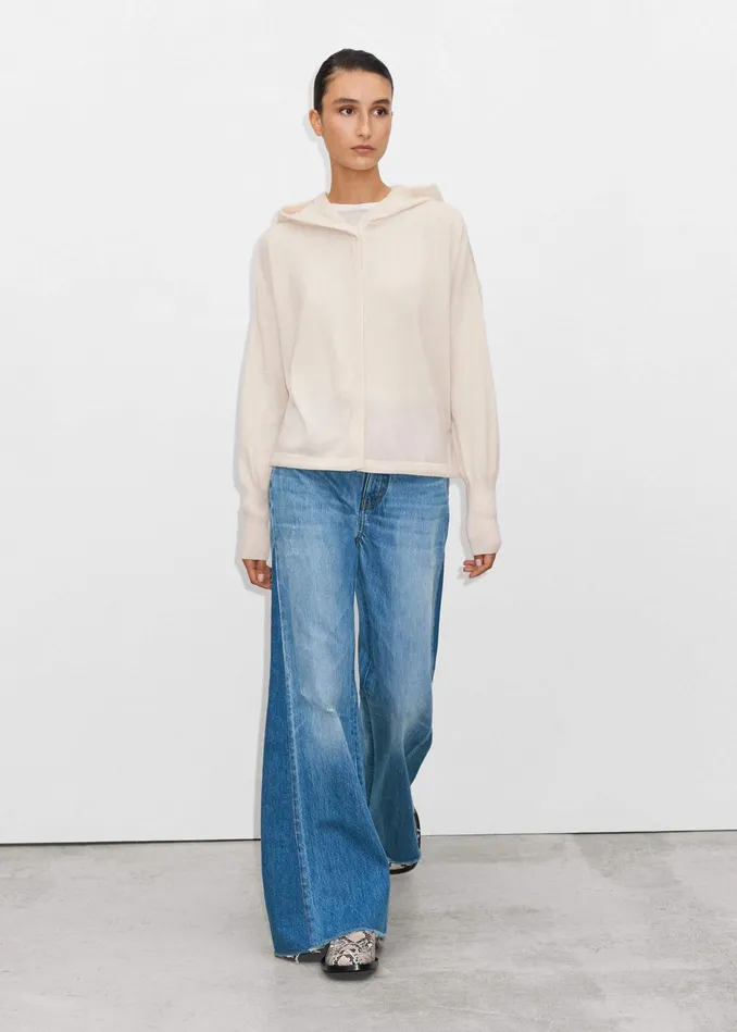 Women Cashmere Drop Shoulder Box Crop Hoody Natural Cream MEEM