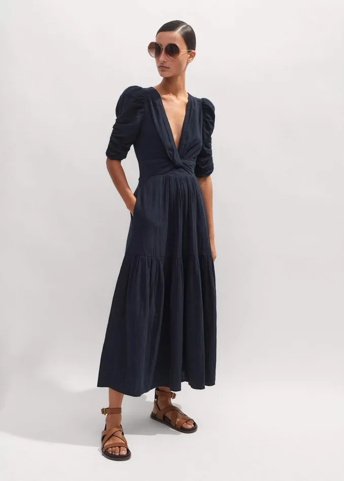Women Cheesecloth Gathered Sleeve Maxi Dress Navy MEEM