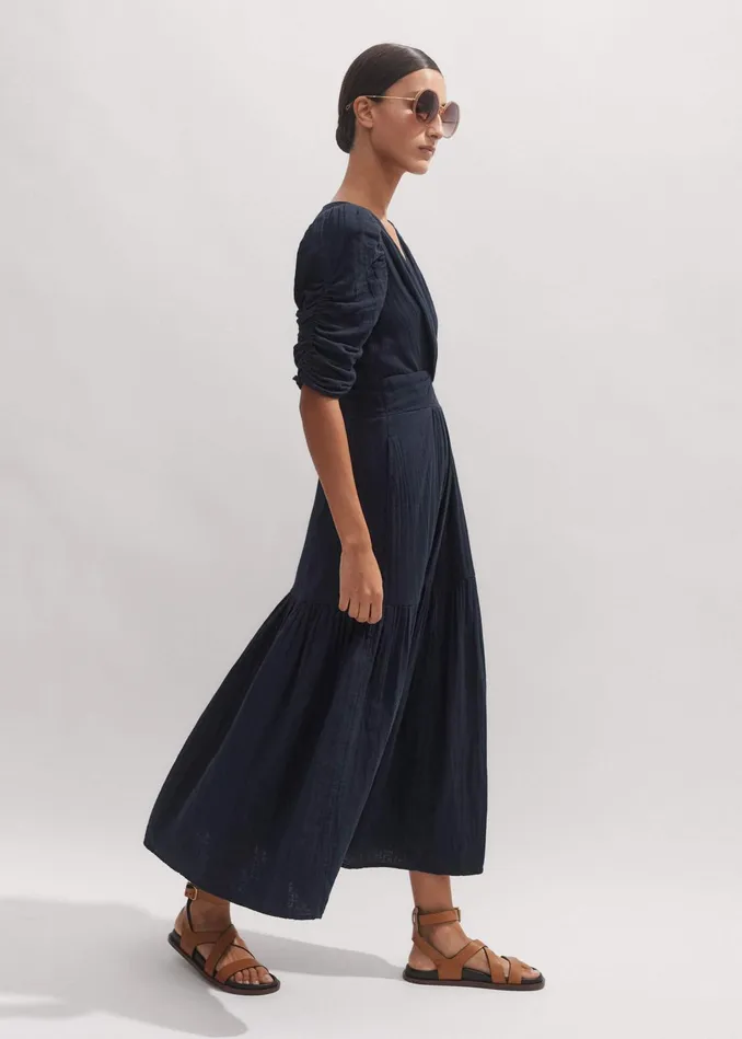 Women Cheesecloth Gathered Sleeve Maxi Dress Navy MEEM