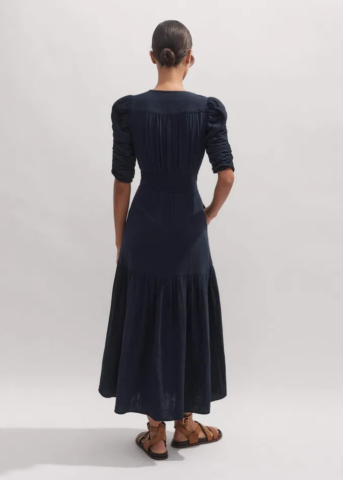 Women Cheesecloth Gathered Sleeve Maxi Dress Navy MEEM