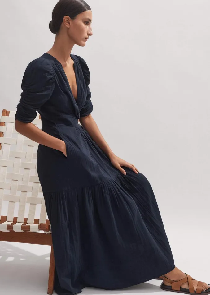 Women Cheesecloth Gathered Sleeve Maxi Dress Navy MEEM