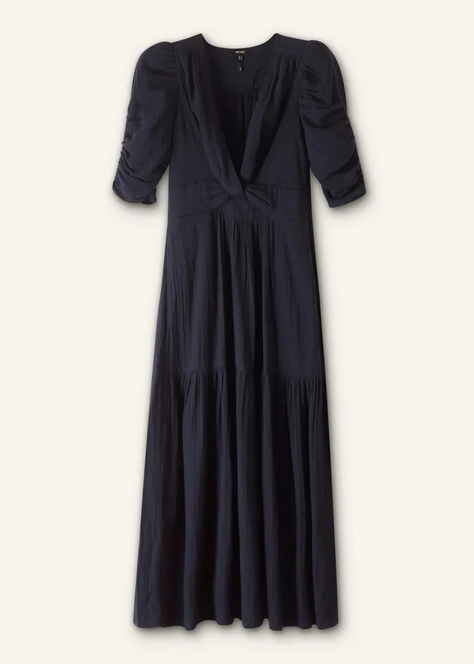 Women Cheesecloth Gathered Sleeve Maxi Dress Navy MEEM