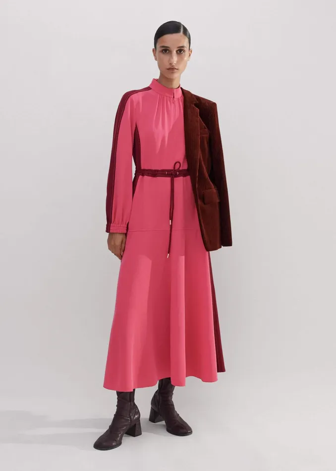 Women Color Block Drawstring Maxi Dress Bright Berryintense Red MEEM