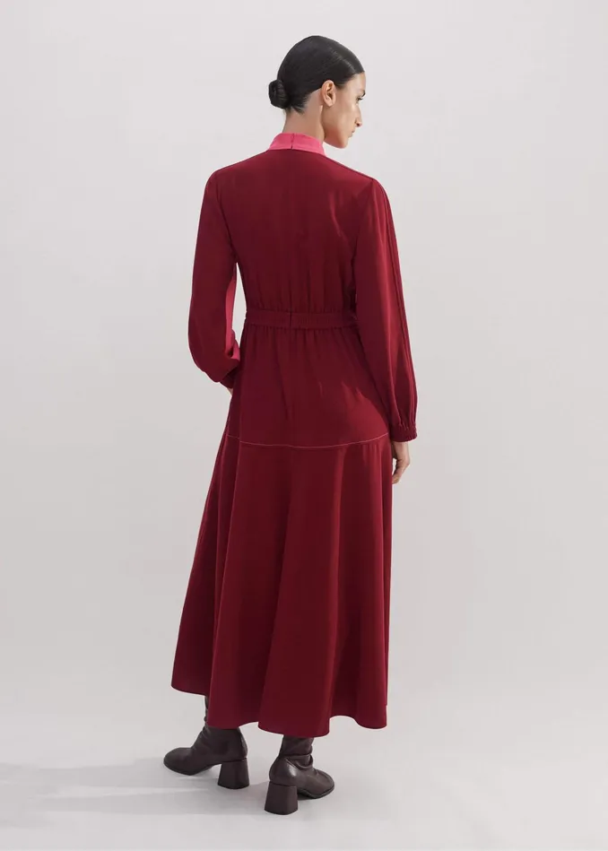 Women Color Block Drawstring Maxi Dress Bright Berryintense Red MEEM