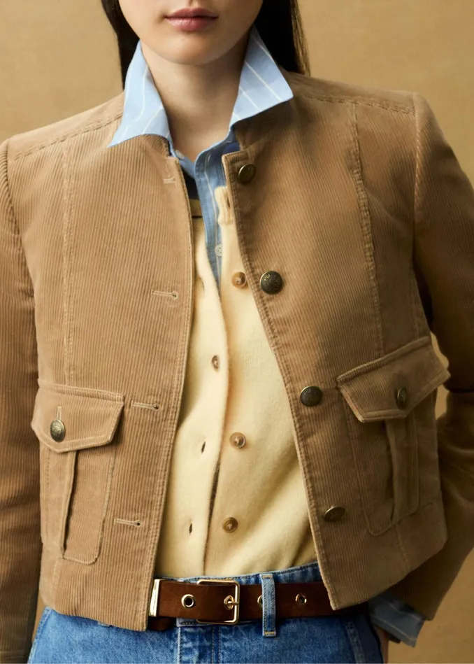 Women Cord Military Crop Jacket Tan MEEM