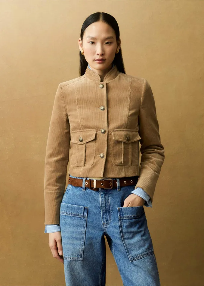 Women Cord Military Crop Jacket Tan MEEM