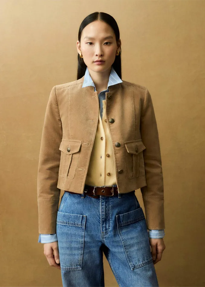 Women Cord Military Crop Jacket Tan MEEM
