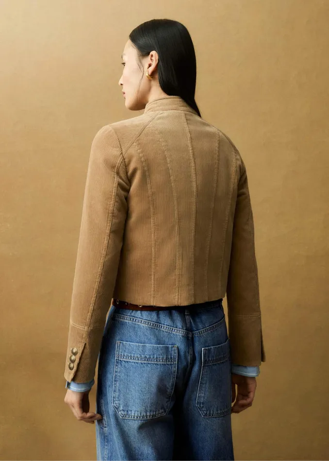 Women Cord Military Crop Jacket Tan MEEM