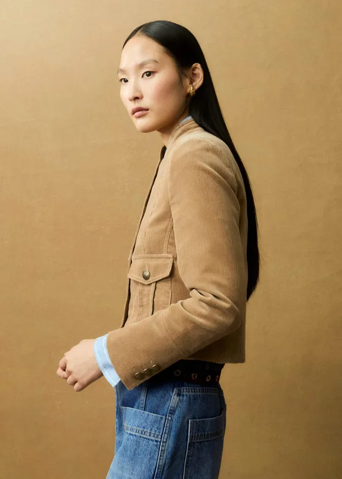 Women Cord Military Crop Jacket Tan MEEM