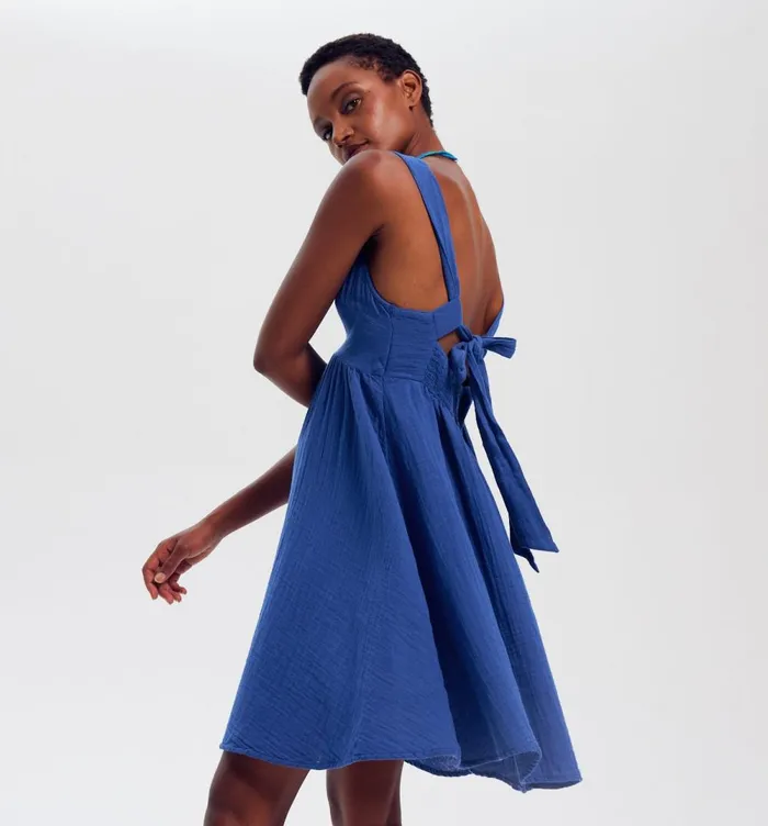 Women Cotton Gauze LowBack Dress 8211 Blue Promod Dresses