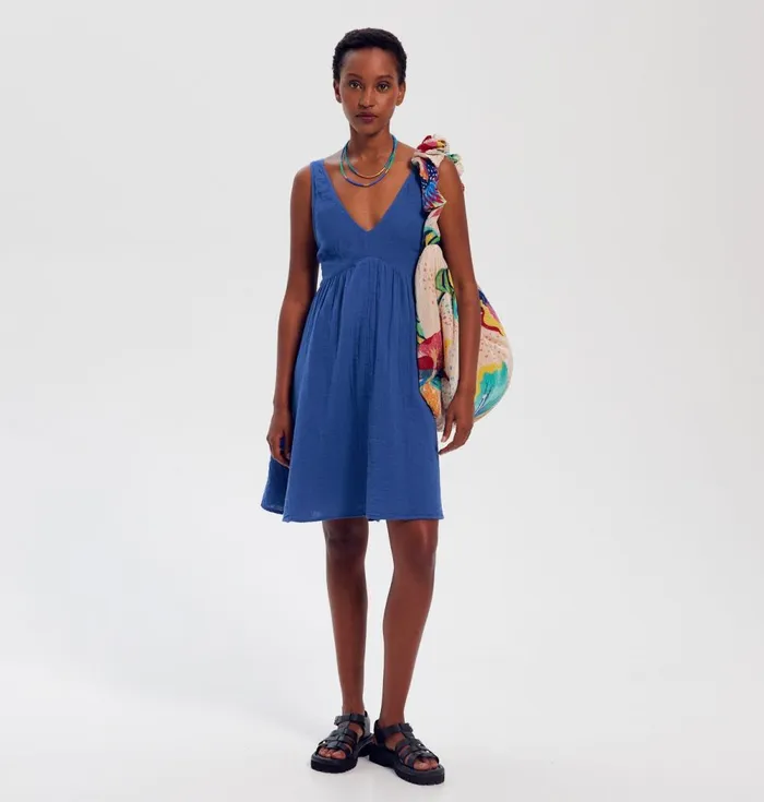 Women Cotton Gauze LowBack Dress 8211 Blue Promod Dresses