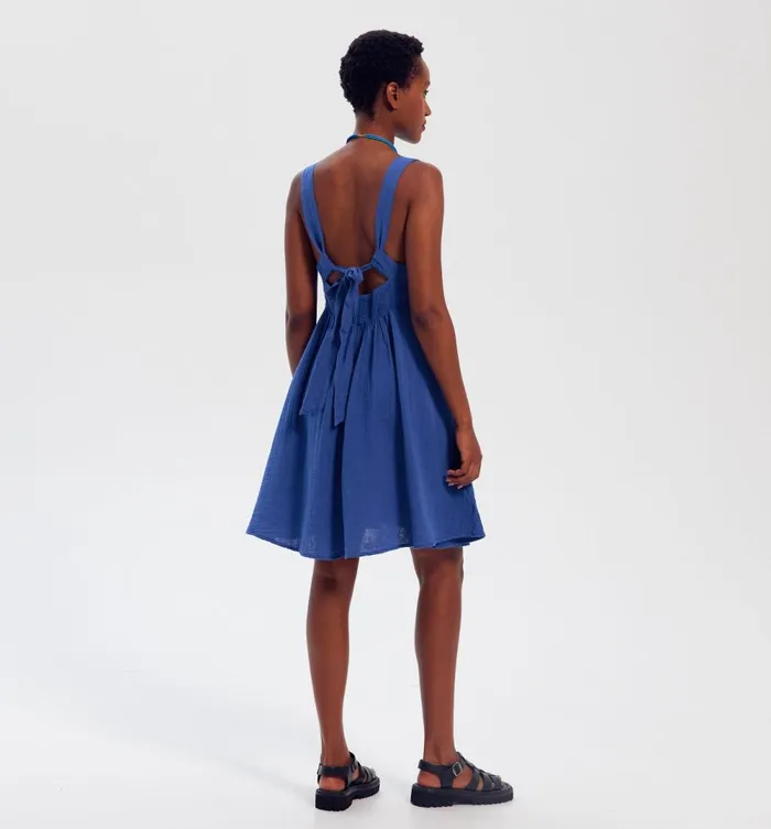 Women Cotton Gauze LowBack Dress 8211 Blue Promod Dresses
